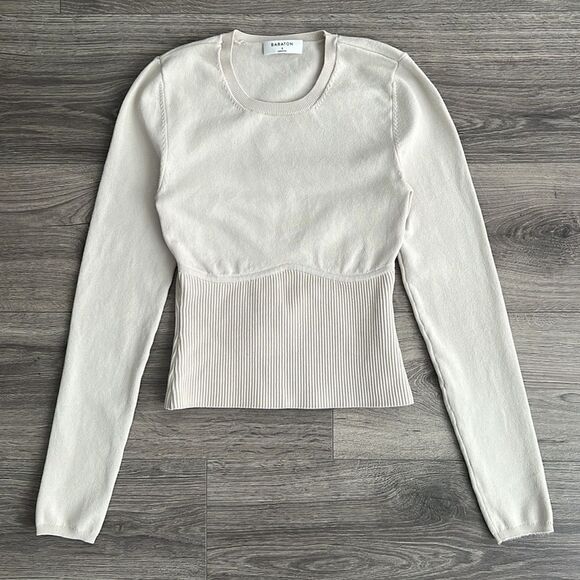 BABATON Sculpt Knit Empire Waist Long Sleeve Top Small Beige Corset Ribbed Fall - Picture 1 of 12